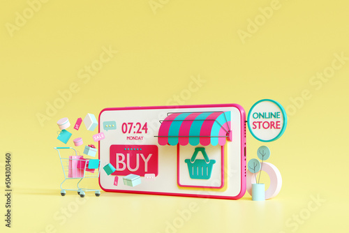 Shopping on line Application. Shopping on mobile. Online store on website. Mobile application. 3d rendering background. digital marketing shop concept.