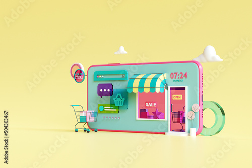 Shopping on line Application. Shopping on mobile. Online store on website. Mobile application. 3d rendering background. digital marketing shop concept. photo