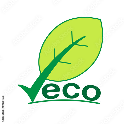 Check mark combined with green leaf as a gimmick of eco-friendly guarantee. Vector illustration outline flat design style.