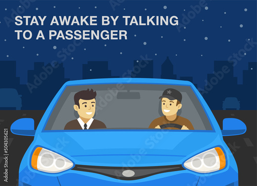 Safe car driving rules and tips. Night driving. Stay awake by talking to a passenger. Night city road. Flat vector illustration template.