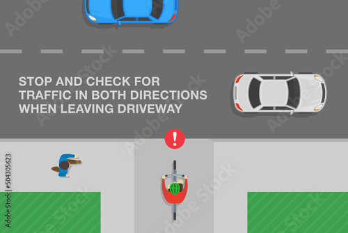 Safe bicycle riding and traffic regulation rules. Bicycle on a driveway. Stop and check for traffic in both directions when leaving driveway. Flat vector illustration template.
