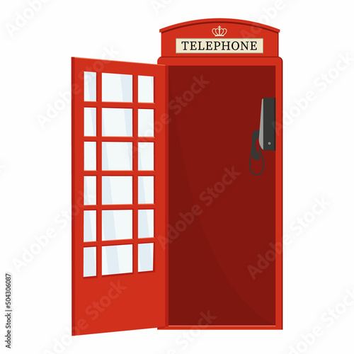 Red telephone booth with open door, color vector isolated cartoon-style illustration