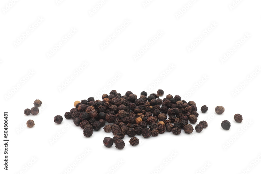 Whole black pepper spice or Piper nigrum dried berries isolated on white background. Whole black pepper spice or Piper nigrum dried berries isolated on white background.