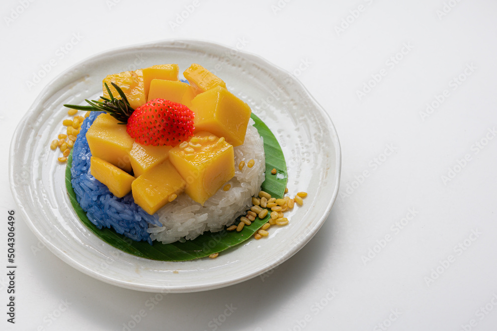 Ripe Mango with Coconut Flavored Sticky Rice on white dish, .Popular Thai desserts,Food and Desserts concept. Ripe Mango with Coconut Flavored Sticky Rice on white dish, .Popular Thai desserts,Food and Desserts concept.