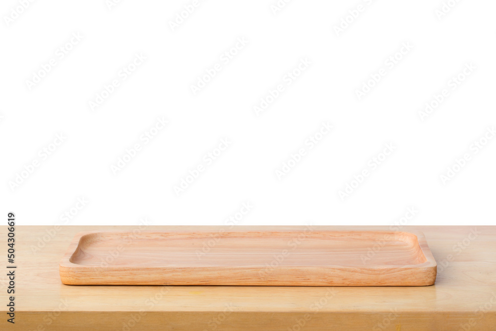 Empty sushi bamboo tray board on wood table white background. Bamboo products that have been processed into trays for use in the kitchen. Top view of plank wood for graphic stand design product.