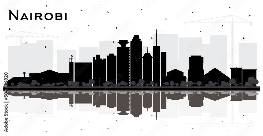 Nairobi Kenya City Skyline Silhouette with Black Buildings and Reflections Isolated on White.