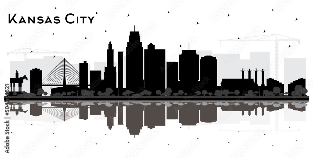 Kansas City Missouri Skyline Silhouette with Black Buildings and Reflections Isolated on White.