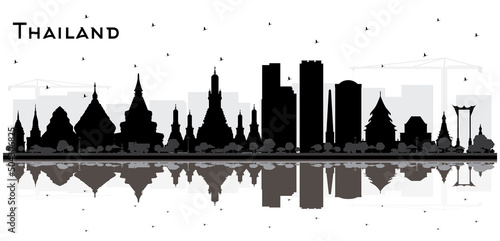Thailand City Skyline Silhouette with Black Buildings and Reflections Isolated on White.
