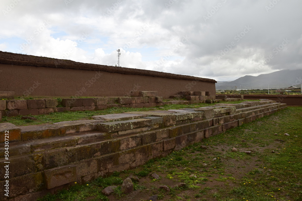 Stone walls uncovered by archaeologists at the Puma Punku, a UNESCO world heritage site. Tiwanaku, Bolivia