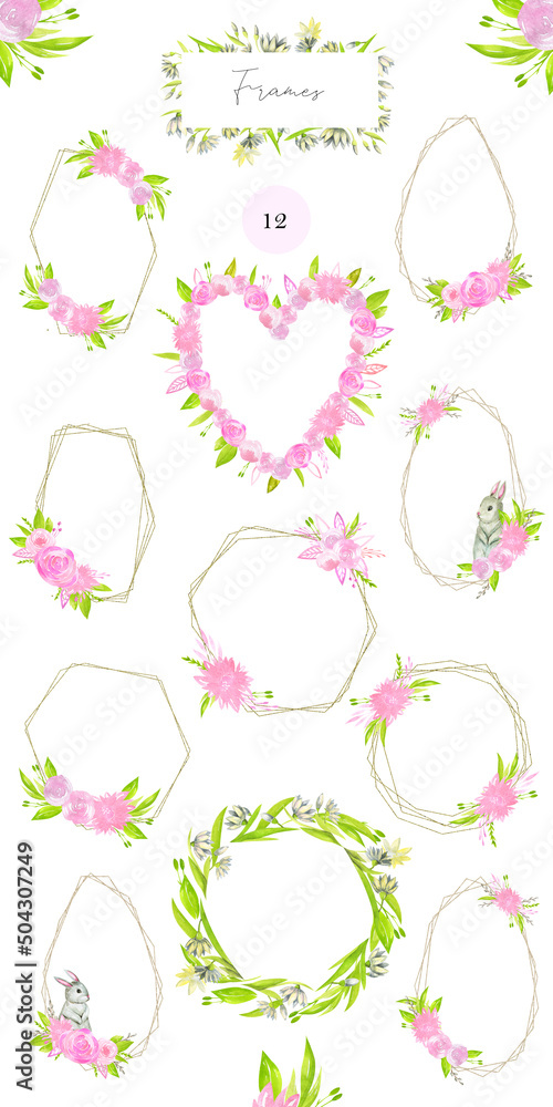 A collection of golden frames with pink spring flower arrangements. Floral frames for creating invitations and postcards A collection of golden frames with pink spring flower arrangements. Floral frames for creating invitations and postcards