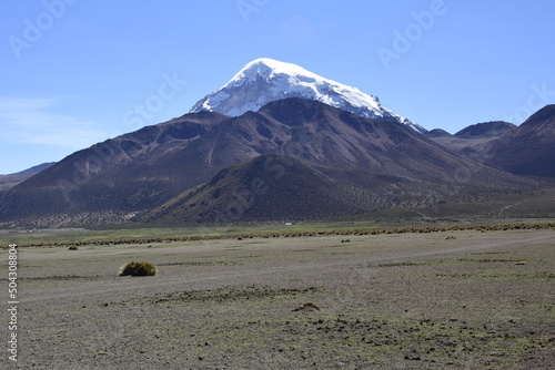 Fototapeta Naklejka Na Ścianę i Meble -  Sajama National Park surrounded by snow-capped mountains with black clouds surrounded by dry vegetation. Bolivia