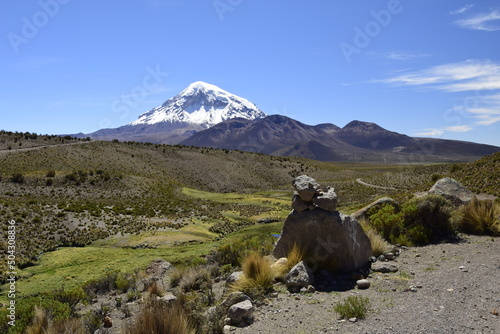 Sajama National Park surrounded by snow-capped mountains with black clouds surrounded by dry vegetation. Bolivia