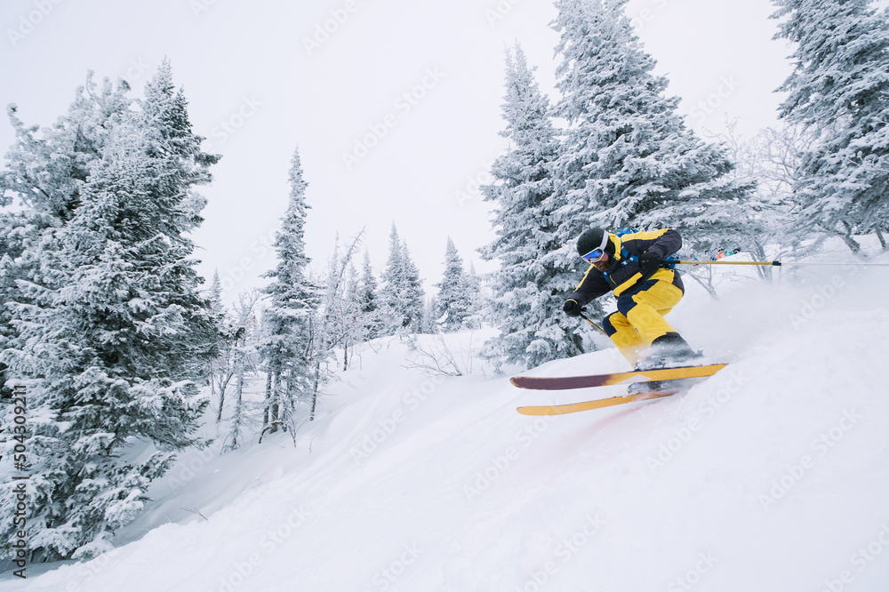 Skier riding on forest path. Winter beautiful landscape in ski resort Skier riding on forest path. Winter beautiful landscape in ski resort