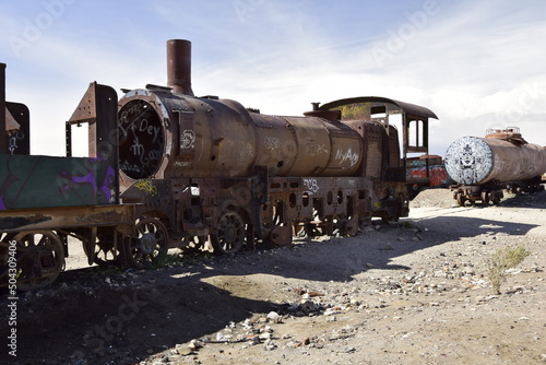 old rusty trains at the antique train cemetery close to the salt flats of Uyuni. Bolivia.