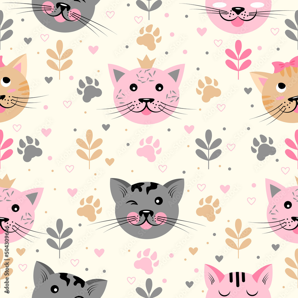 Vector seamless pattern with cute cats. Modern background with funny kittens, hearts and paw prints. A repeating pattern with a kitten's head. Wallpaper with pets for children's textiles.