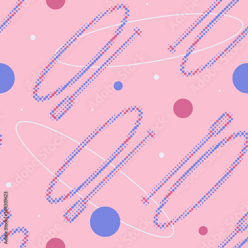Seamless pattern with SUP board and standing paddle made up of dots. Endless vector sports label. SUP in flat design style in pink, lilac and purple colors.