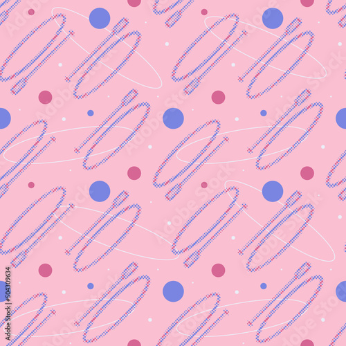 Seamless pattern with SUP board and standing paddle made up of dots. Endless vector sports label. SUP in flat design style in pink, lilac and purple colors.