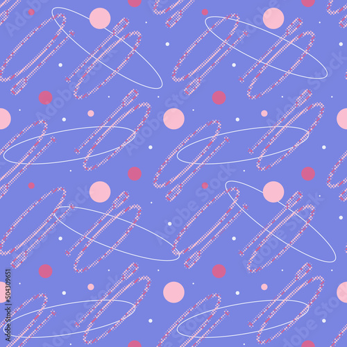 Seamless pattern with SUP board and standing paddle made up of dots. Endless vector sports label. SUP in flat design style in pink, lilac and purple colors.
