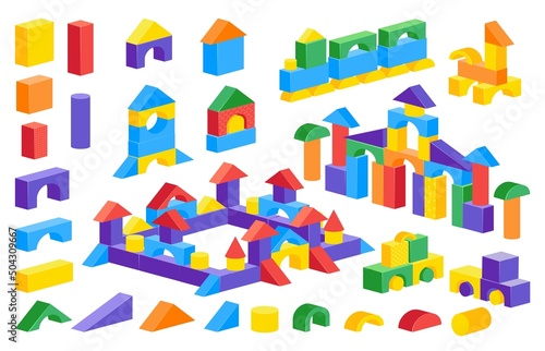 Cartoon block castle. Colorful children constructor toy, plastic brick puzzle game, building car castle. Vector cylinder cone cube parts isolated set