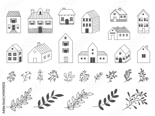 Doodle garden house. Hand drawn rural wooden building with floristic decorative elements, flowers leaves grass. Vector country cabin isolated set