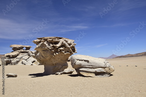 The famous stone tree rock formation (Arbol de Piedra) in the Siloli desert in the region of the Uyuni Salt Flat