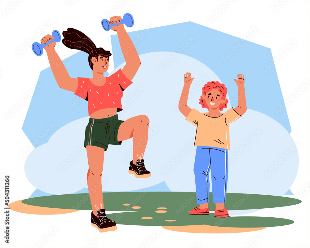 Mother and child doing sport workout outdoor together, flat cartoon vector illustration isolated on white background. Family sport activity and healthy lifestyle.