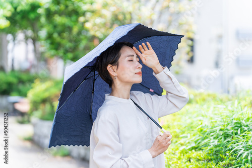 日傘をさす女性（紫外線対策・日焼け止め・UVケア・熱中症対策・日光アレルギー・体調不良）