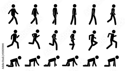 Stick man walk. Black animation kit of walking running and crawling simple human silhouette icons. Vector pedestrian run and walk sequence photo