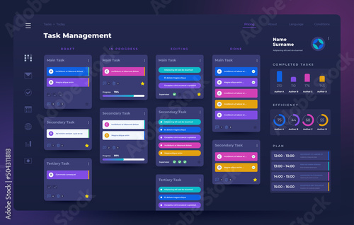 Planner app UI. Task manager and project organizer with dashboard and infographic elements. Vector dark web application interface design