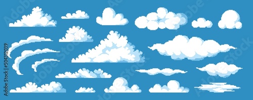 Game clouds asset. Retro 8 bit video game background with cartoon clouds, heaven blue sky game art. Vector UI elements collection