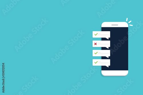 Check list document on smartphone, smartphone with paper check list and to do list with checkboxes, concept of survey, online quiz, completed things or done test, feedback.