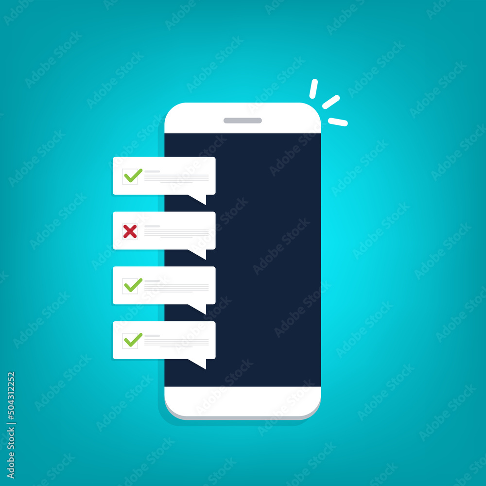 Check list document on smartphone, smartphone with paper check list and to do list with checkboxes, concept of survey, online quiz, completed things or done test, feedback. Check list document on smartphone, smartphone with paper check list and to do list with checkboxes, concept of survey, online quiz, completed things or done test, feedback.