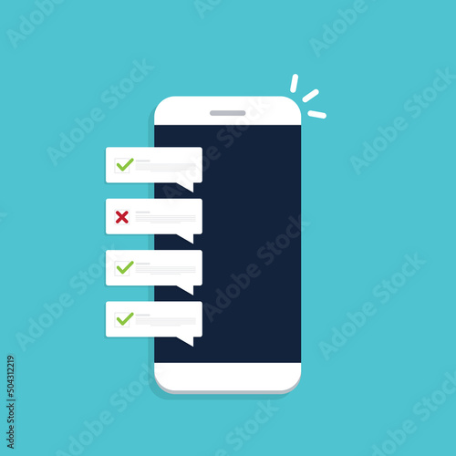 Check list document on smartphone, smartphone with paper check list and to do list with checkboxes, concept of survey, online quiz, completed things or done test, feedback.