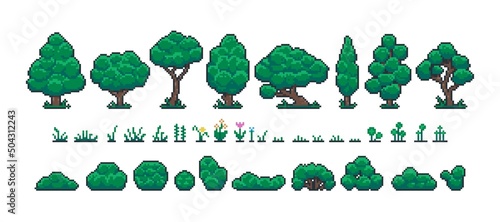 Pixel forest set. Retro 8 bit video game UI elements, trees bushes and grass sprite asset, background landscape objects. Vector isolated collection