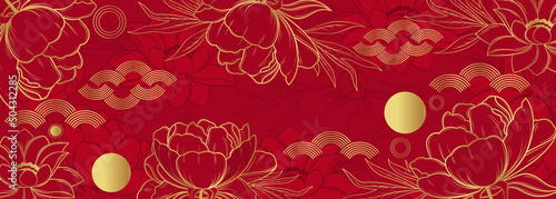 Vector banner with golden lotus flowers and peonies on a red background. Chinese background © daudau992