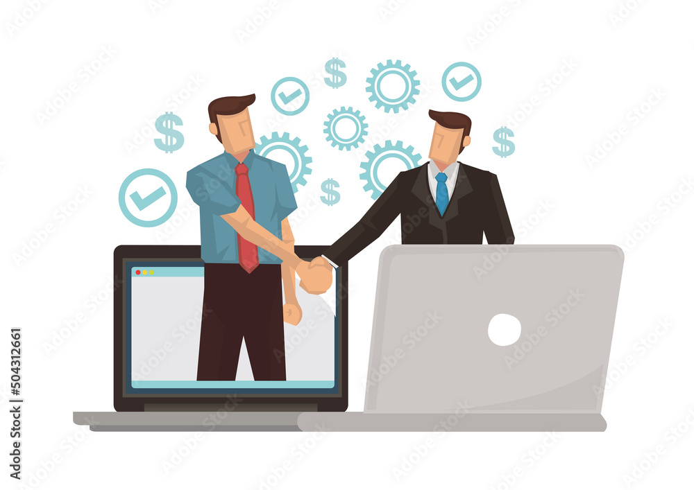 Businessmen shaking hands out of their laptop computer. Businessmen shaking hands out of their laptop computer.