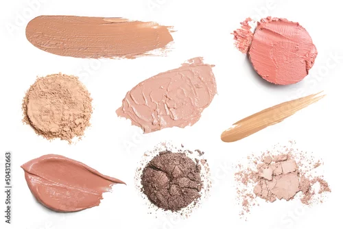 Obraz Set of liquid, ceamy and powder makeup samples islated on white background. Decorative cosmetic smears. Concealers, correctors and foundation swatches.