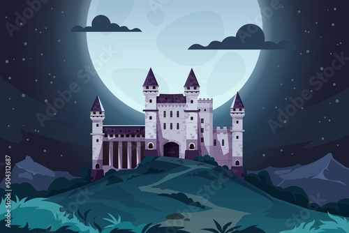 Evening cartoon castle. Medieval fairytale fortress at night, magic landscape with royal palace. Vector kingdom capital scene
