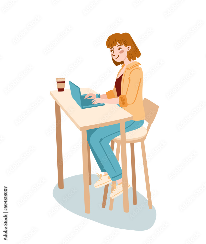 The girl sits on a chair and works on a laptop at the table. There is a cup of coffee on the table. Drawn in sketch style. Vector illustration for designs, prints, patterns. Isolated on white The girl sits on a chair and works on a laptop at the table. There is a cup of coffee on the table. Drawn in sketch style. Vector illustration for designs, prints, patterns. Isolated on white
