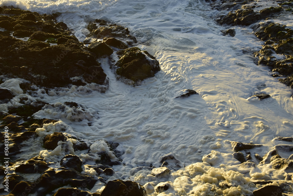 Sea foam among the rocks on the ocean coast. Antofagasta, Chile. Sea foam among the rocks on the ocean coast. Antofagasta, Chile.