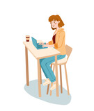 The girl sits on a chair and works on a laptop at the table. There is a cup of coffee on the table. Drawn in sketch style. Vector illustration for designs, prints, patterns. Isolated on white