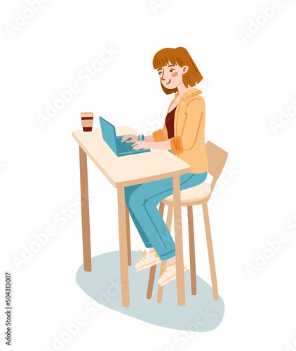 The girl sits on a chair and works on a laptop at the table. There is a cup of coffee on the table. Drawn in sketch style. Vector illustration for designs, prints, patterns. Isolated on white