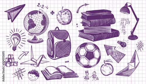 Freehand drawing school items on a sheet of exercise book. Back to School. Vector illustration. Set