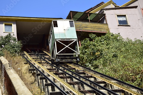 Outdoor view of Funicular railway, named Ascensor El Peral, leading up a hill in Valparaiso. VALPARAISO, CHILE