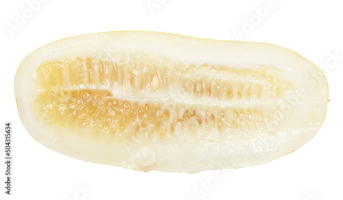 Seeds on a ripe cucumber close-up on a white