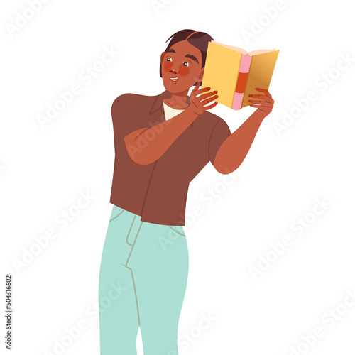 Bookcrossing with Happy Man Character Reading Borrowed Paper Book Vector Illustration