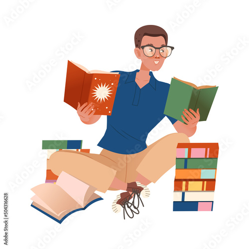 Bookcrossing with Happy Man Character in Glasses Sitting Cross-legged and Reading Borrowed Paper Book Vector Illustration