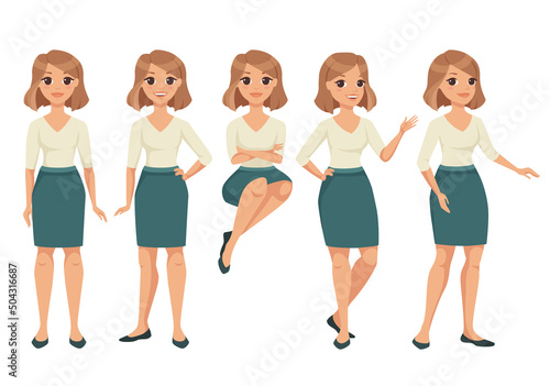 Woman Character in Skirt and Blouse in Standing and Sitting Pose Gesturing Vector Set