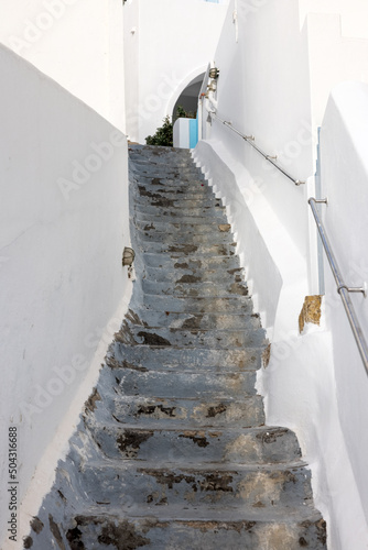 Narrow stone steps, a traditional piece of architecture on the island of Santorini. Greece
