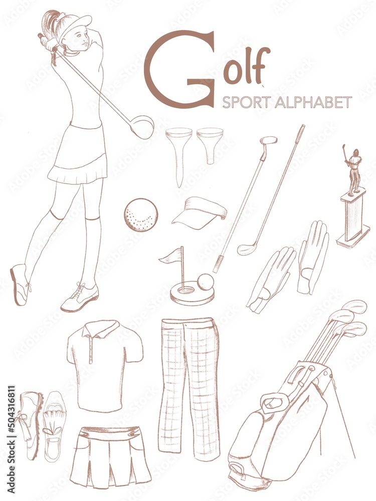 Sport alphabet hand drawn line art set golf